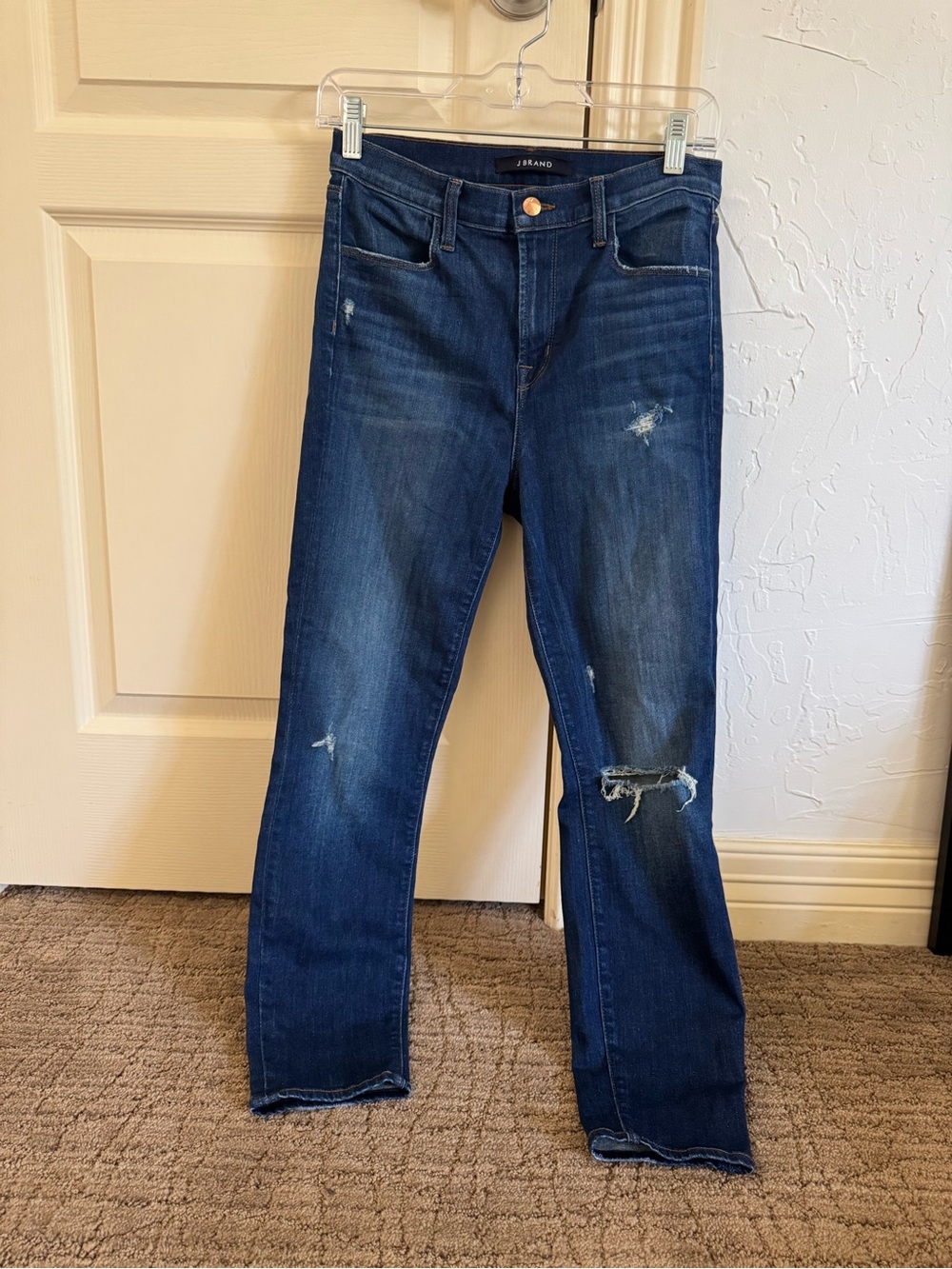 J Brand Distressed Straight-Leg Jeans in Deep Indigo